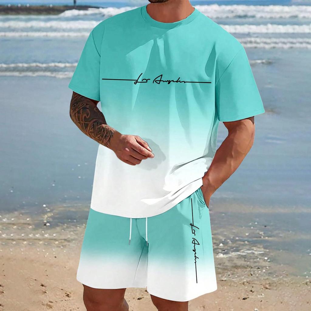 Men'S Solid Color Casual Round Neck Short Sleeved Shorts Two-Piece Set