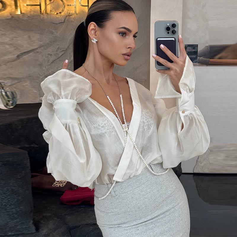 Spring 2025 Women's European and American Loose Lantern Sleeve Top