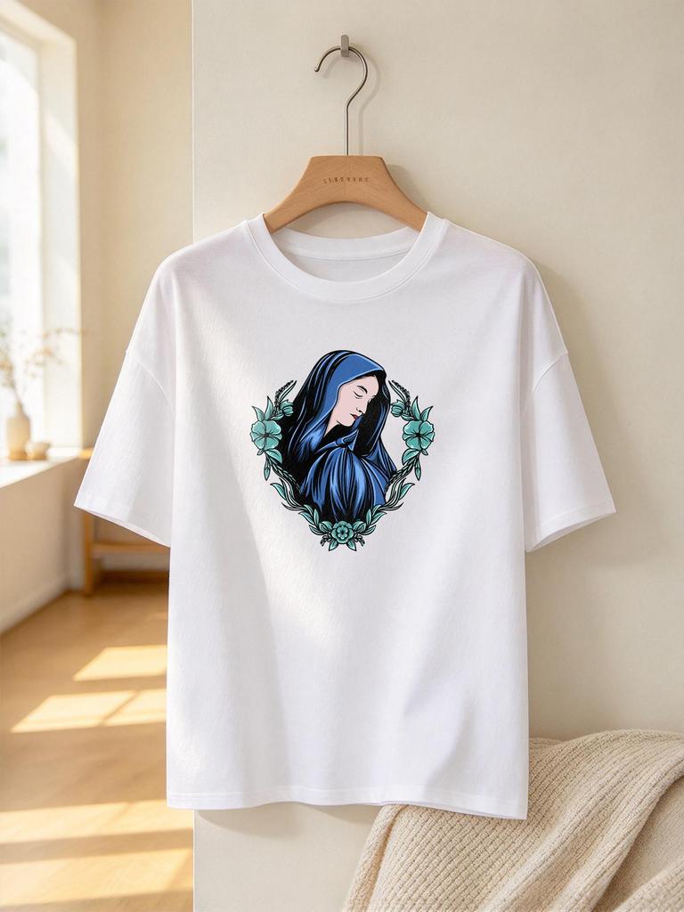 Vintage Madonna Print Casual Soft Tshirt for Daily Wear