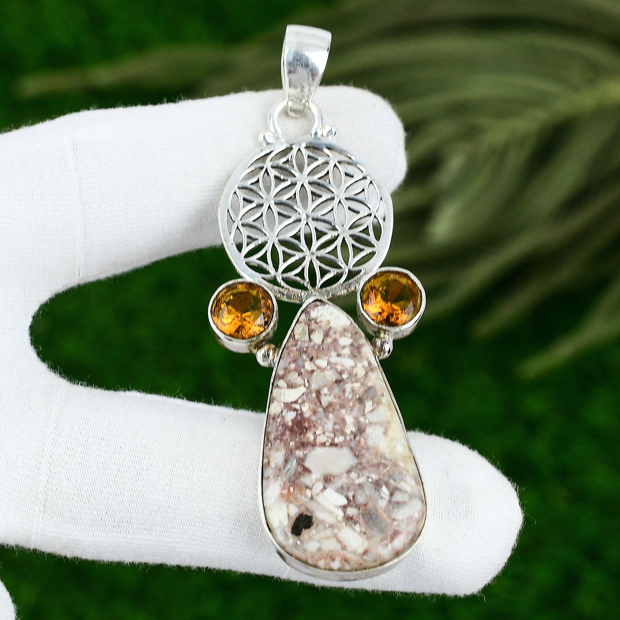 

Red Brecciated Mookaite Stone Honey Topaz Sterling Silver Wife Birthday Pendant