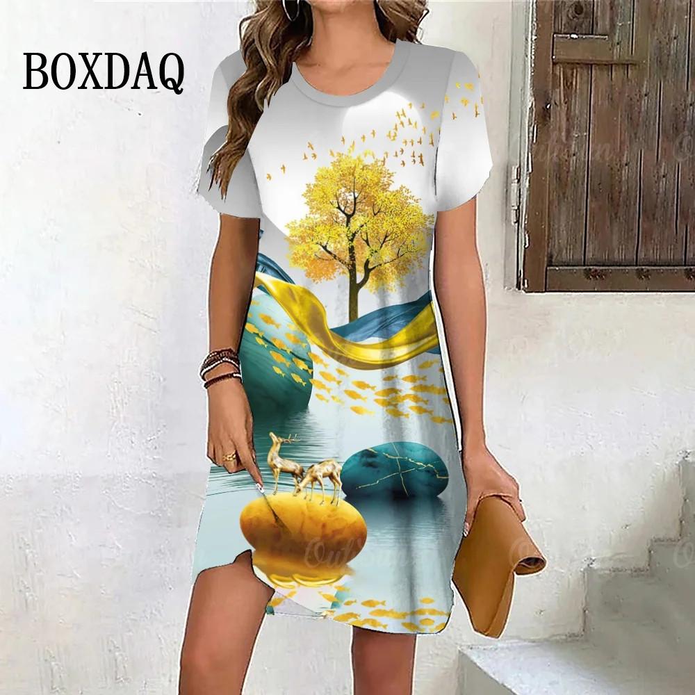 Golden Elk Print Dress Women Cute Christmas Evening Dress New Short Sleeve Sexy Dresses Fashion Party Holiday Woman Clothes