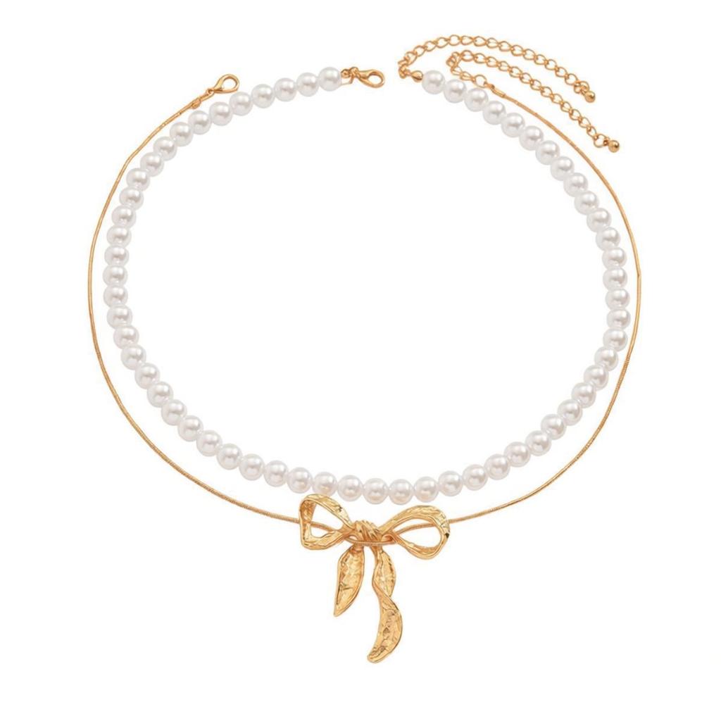 Elegant Faux Pearl & Metal Bow Pendant Necklace for Women