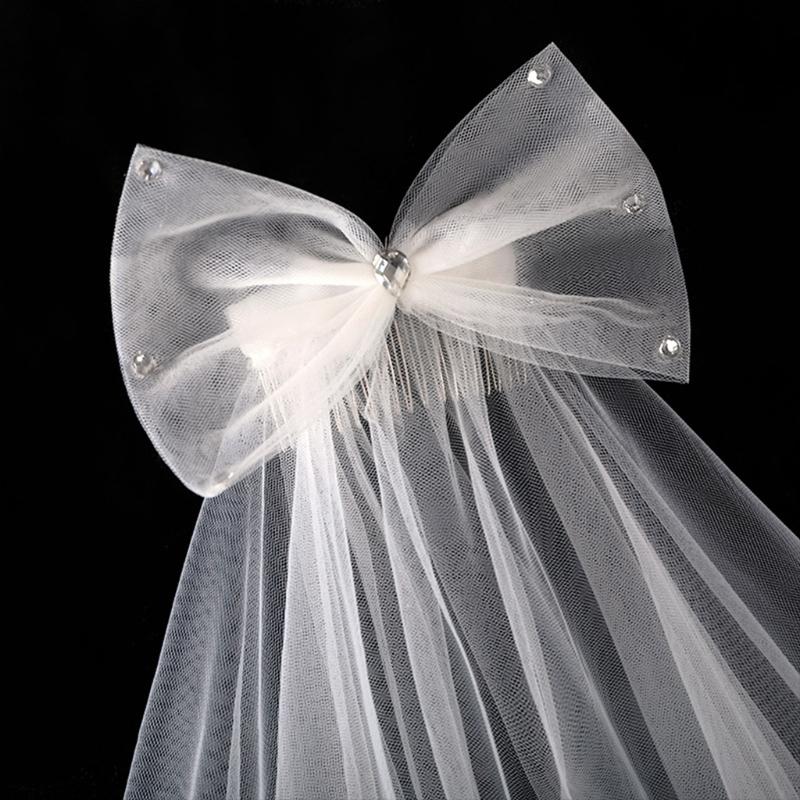 2 Tier Wedding Veil with Comb for Girls Communion Veil Bow Adorned by for Rhinestone Short Length Curly Edge Tulle Veil