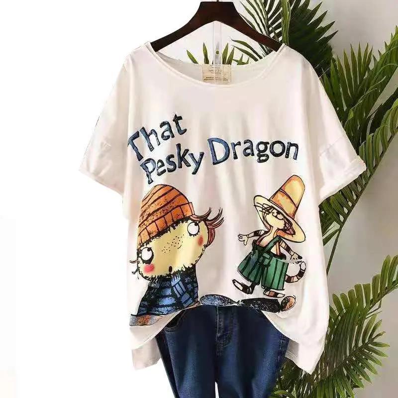 

Женская летняя футболка большого размера с короткими рукавами и принтом в виде мультфильмов, повседневные топы XS белый