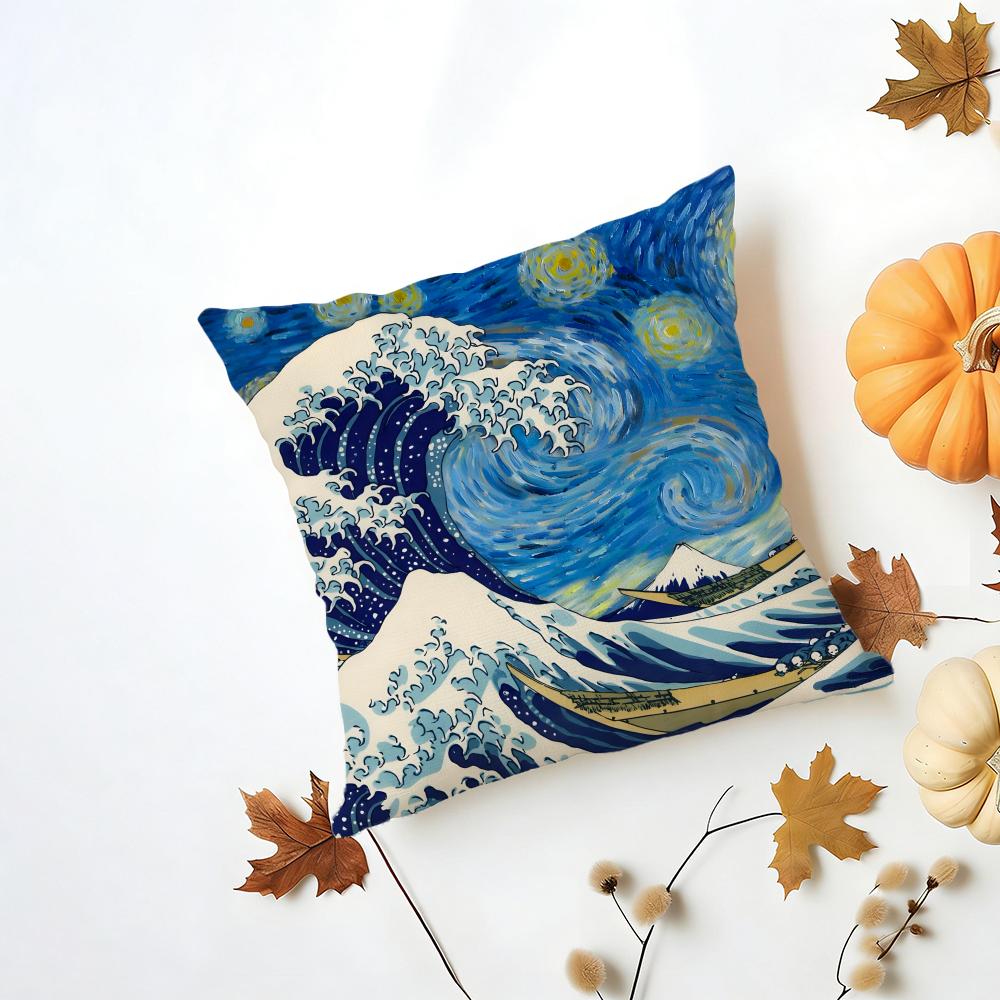 HHokusai Great Wave Cushion Cover Washable Linen Pillowcase Soft  for Daily Sofa Bed Home Room Decor