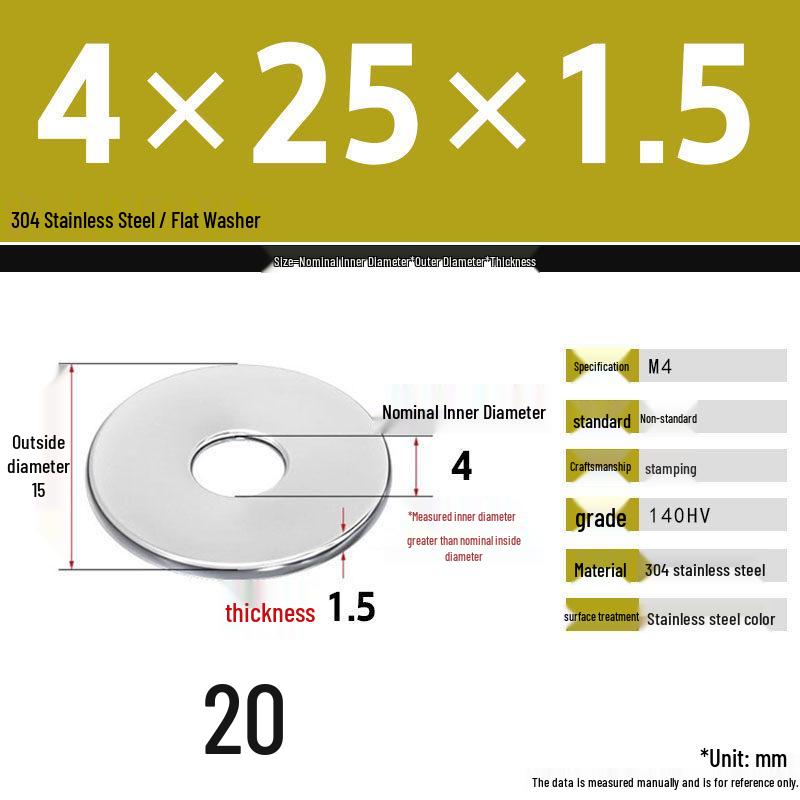 304 Stainless Steel Thickened Flat Washer Set, Sizes 2-36