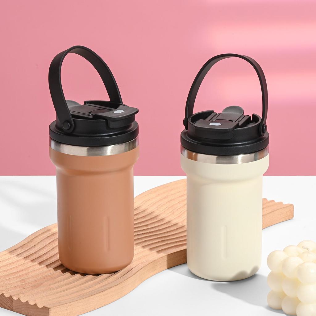 Portable Stainless Steel Double-Walled Coffee Thermos with Handle and Straw