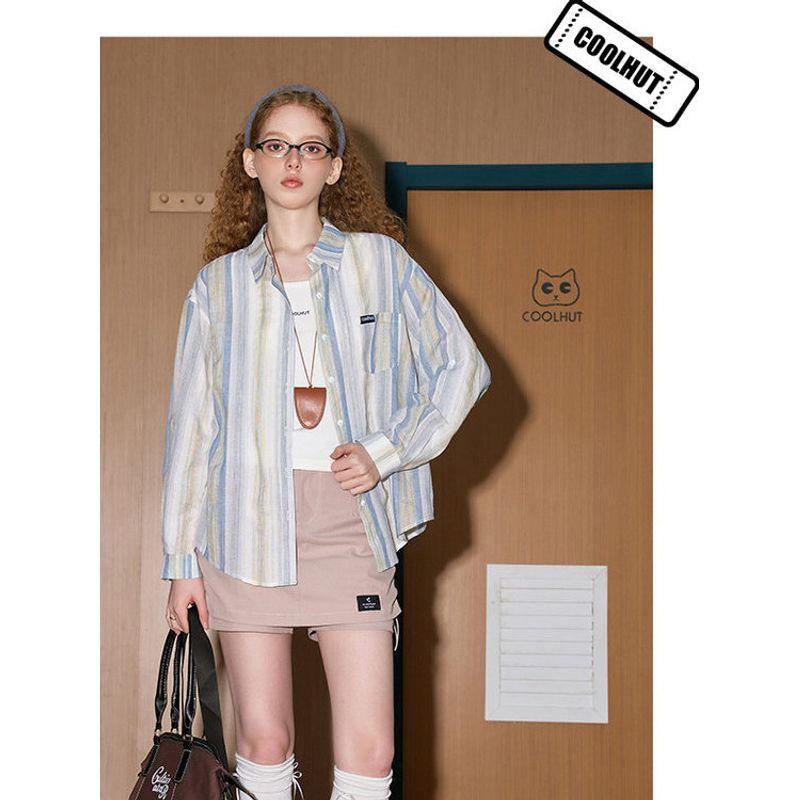 Coolhut2026 Spring and Summer New Product Lazy Rainbow Line Shirt Jacket Blue Stripesd Off-Shoulder Women's Long Sleeves