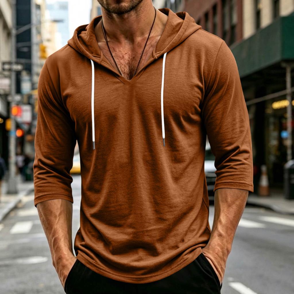 Men's Loose Fit Casual Hoodie Lightweight Pullover with 3/4 Sleeve Drawstring Hooded Shirt for Everyday Wear
