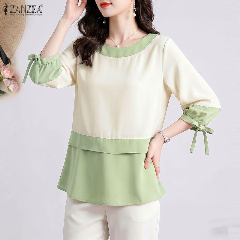 ZANZEA Womens Elegant Colorblock Blouse Casual O Neck 3/4 Sleeve Patchwork Loose Tops