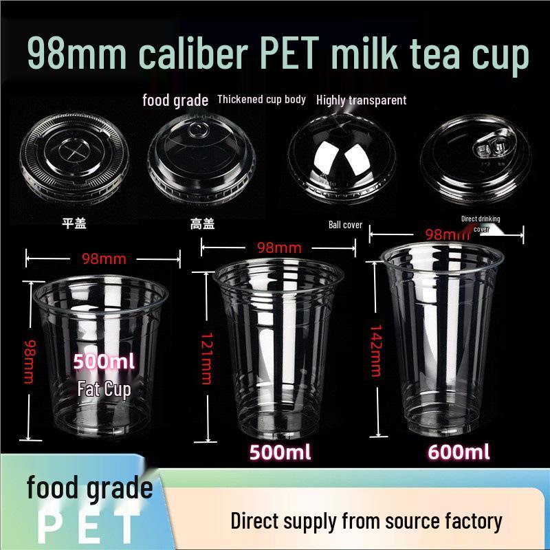 PET Disposable Milk Tea Cup with Lid & Straw - 98mm Caliber, Thickened Plastic for Fruit Tea or Coffee Takeaway