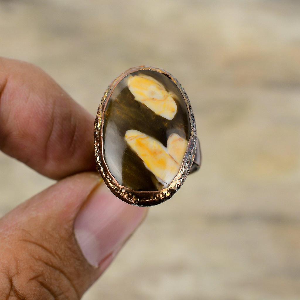 Peanut Wood Jasper Ring Electroformed Copper Ring Adjustable Rings Electroformed Jewelry Gemstone Ring Copper Jewelry For Gift Handmade Ring
