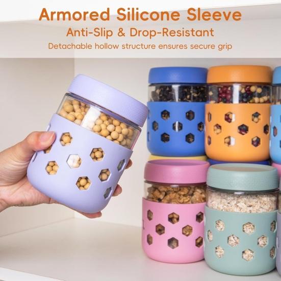 Glass Mason Jars with Silicone Sleeves 16 Oz Leak-Proof Meal Prep Jars Airtight BPA-Free Containers for Overnight Oats Yogurt Snacks