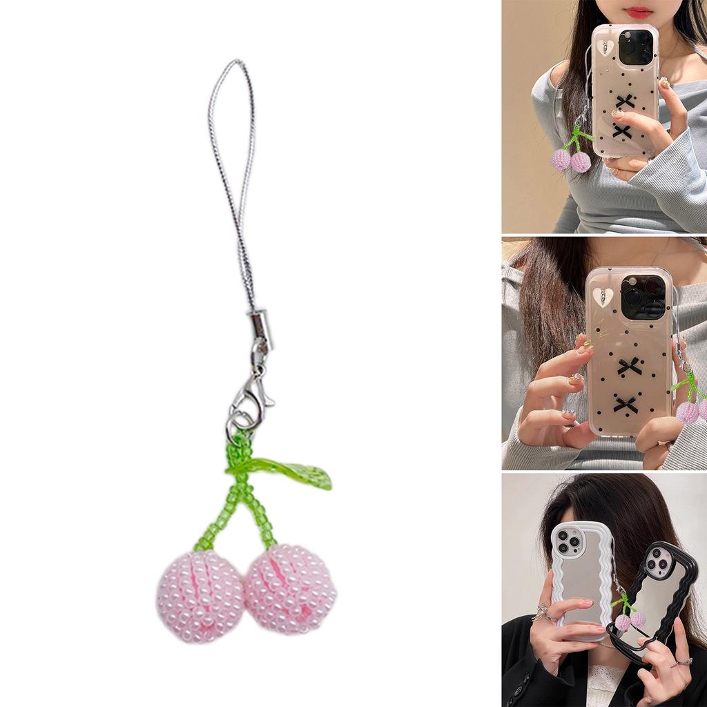 Fashion Beaded Cherry Pendant Phone Straps Lanyard Pocket Keychain Strap Backpack Charm Car Key Decoration Chain