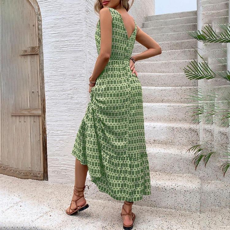 High Waist Women Dress Print Temperament Fashion Lace Up Sleeveless Pleated Autumn Winter Color