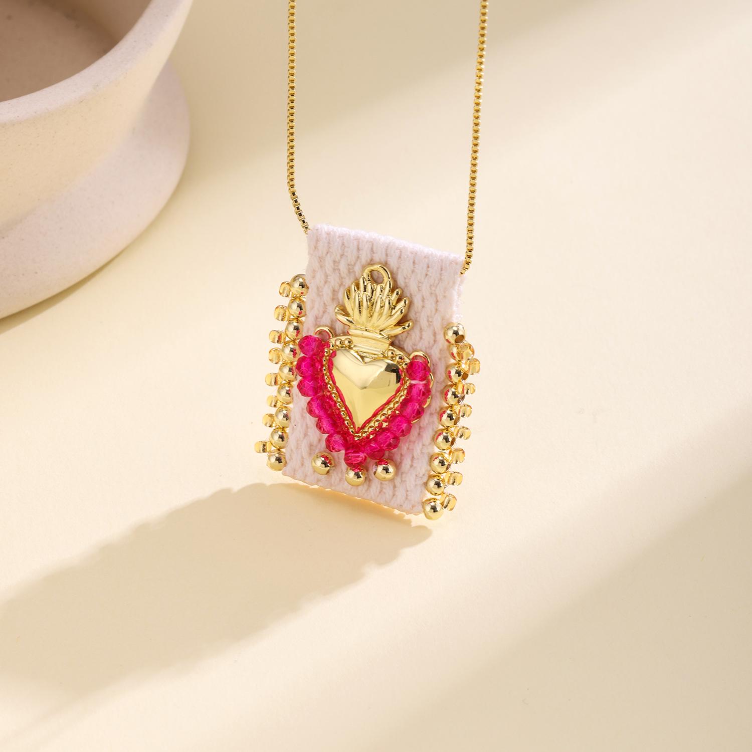 

Nidin Vintage Sacred Heart Beaded Necklace Handcrafted Woven Cloth Pendant Unique Bohemian Religious Jewelry Gift For Women розы красного