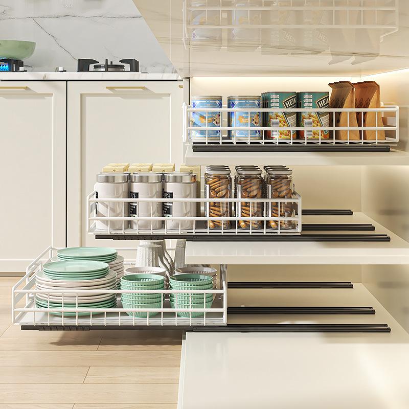 Pull-out Kitchen Storage Rack , No-drill Installation, Adjustable Width, Storage Tray Suitable for Kitchens Cabinets Organizer