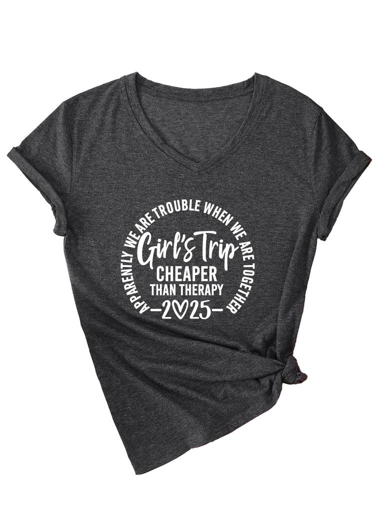 Inspirational Text Printed Top Loose Casual Simple V-neck Short Sleeved Women's T-shirts