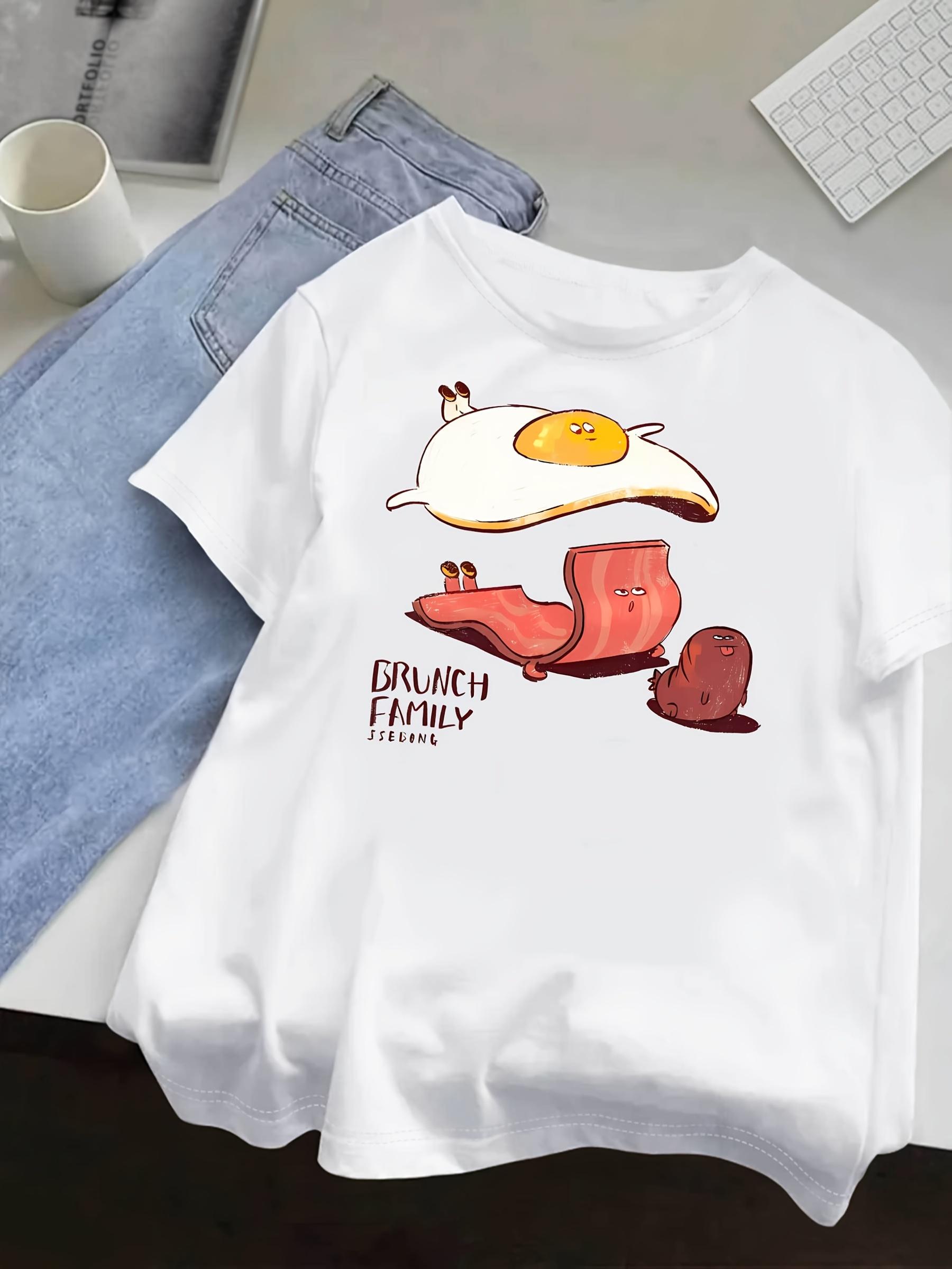

Cartoon Bacon and Fried Egg Pattern Printed Summer Womens Tshirt Top Short Sleeve Round Neck Soft Comfortable Casual Clothing S