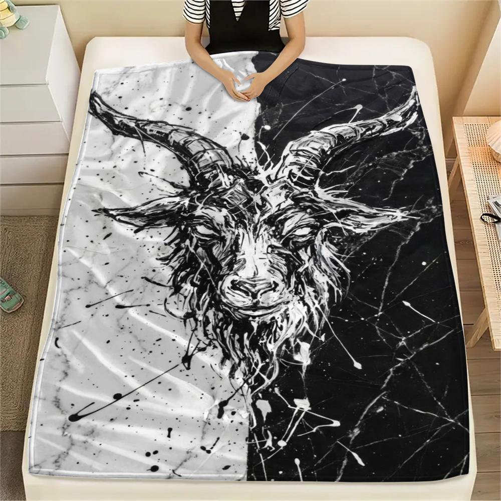 1Pc Goat Demon Print Flannel Blanket, High Quality Comfortable for All Seasons, Home Decor, Warmth and Comfort, Perfect for Christmas Gifts W141