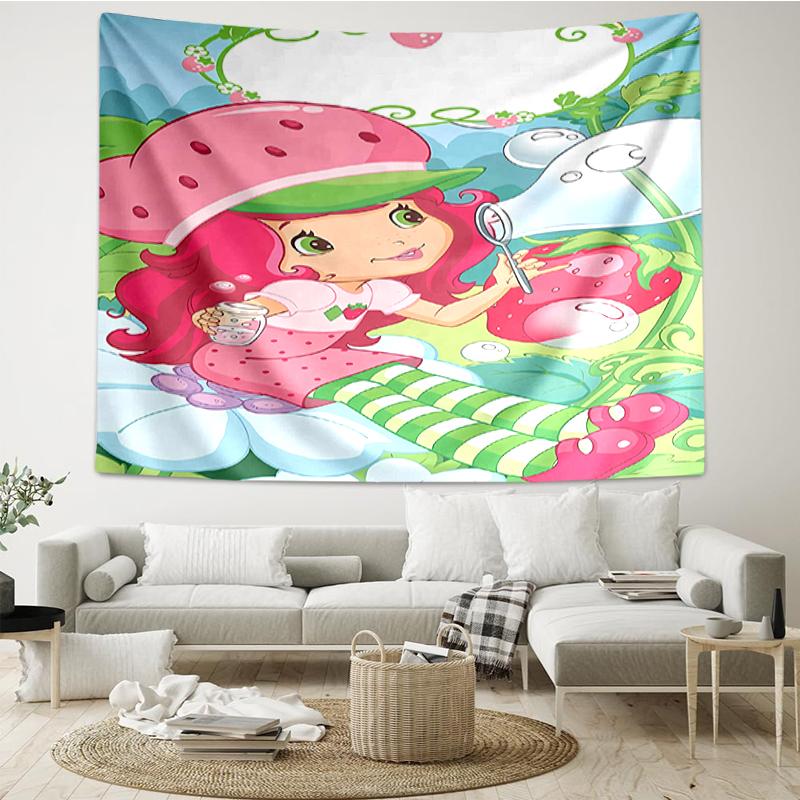 Strawberry-Shortcake Print Tapestry, Backdrop, Easy Setup, Ideal for Bedroom, Office & Living Room, with Aesthetic Wall Hanging Decor.