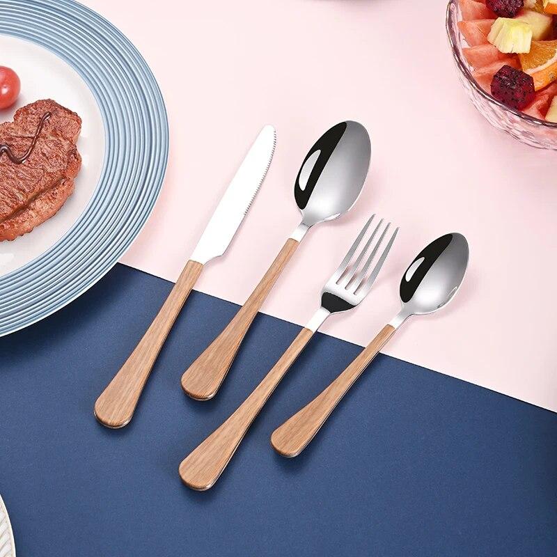 4-teiliges Geschirrset mit Messer und Gabel, Teelöffel, Edelstahl, Holzimitatgriff, westliches Geschirr, einfach und fortschrittlich