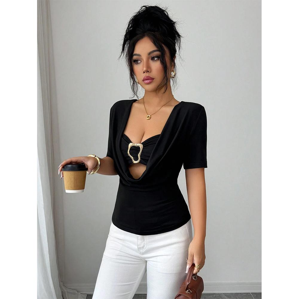 

Womens T-Shirts Solid Color Short Sleeve T-Shirt Trendy Short Sleeve S чёрный