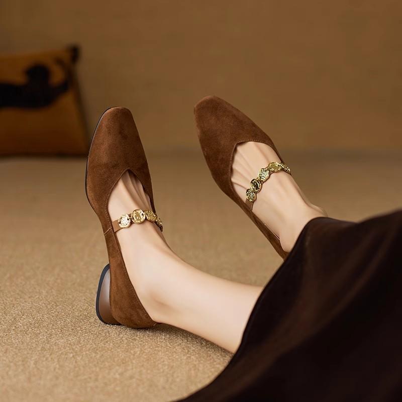 Retro Women Shoes Metal Heels Shallow Mouth Branded Pumps 2025 Mary Jane Sandals Ladies Metalic Latest Low Velvet Spring