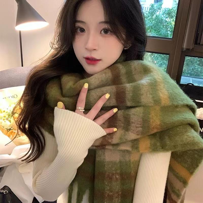 Winter Thickened Mohair Scarf for Women Rainbow Plaid Tassel Shawl Student Versatile Warm Scarf Trendy and Warm