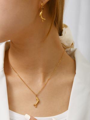 Sommer Strand Serie Mode Einfach Niedlich Charme Edelstahl 18K Vergoldet Delphin Anhänger Zirkonia Set Für Damen