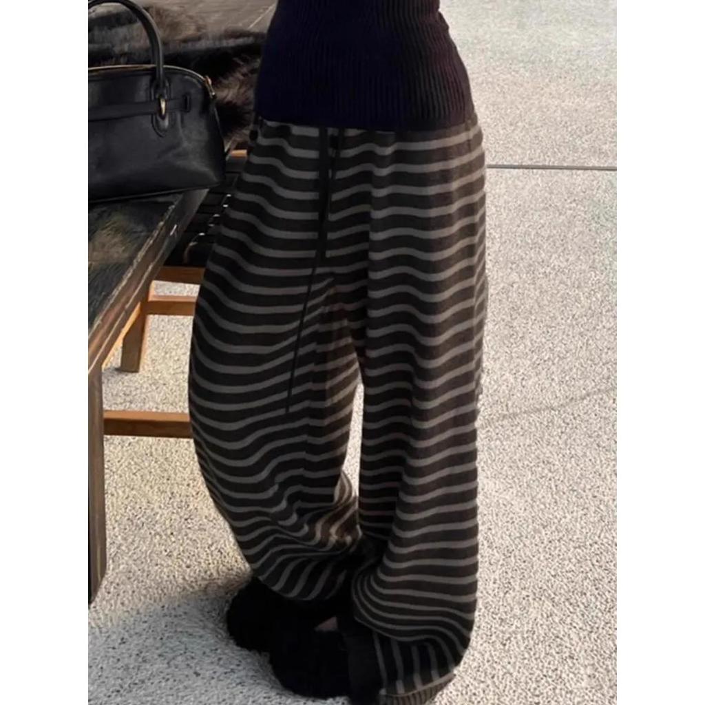 Harajuku Contrast Color Stripe Wide Leg Trousers Vintage Grunge Loose Knitted Casual Pant Y2k Aesthetic Women Straight Pants