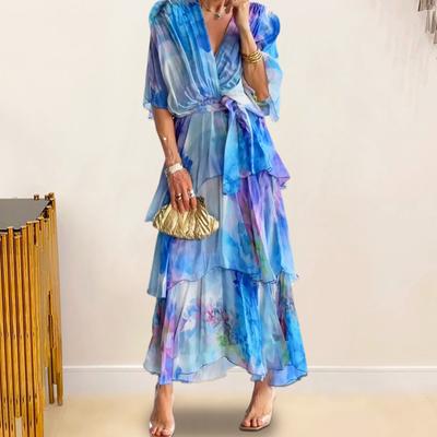 Women Dress Multi-layered Scattered Cake Hem Pleated V Neck Dreamy Colors Ruffle Lace-up Slim Waist Bat Sleeve Evening Dress Beach Party Prom