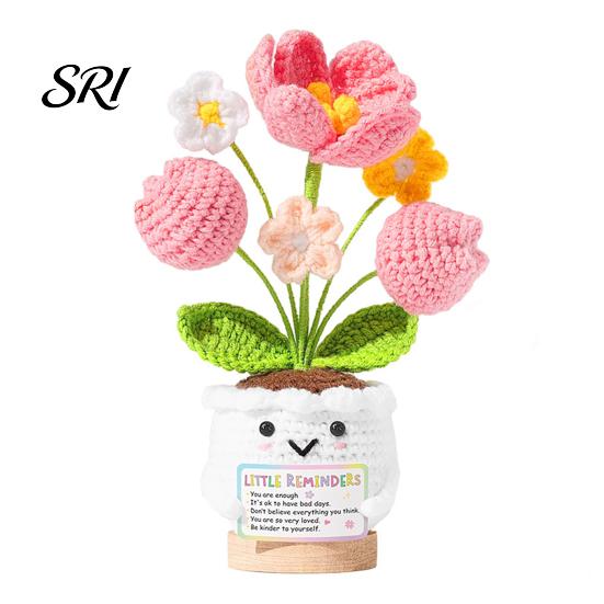 Healing Flower Design Positive Crochet Tulip Wildflower Thank You Gifts for Women Mom Friends Handmade Gift Potted Doll with Card Emotional