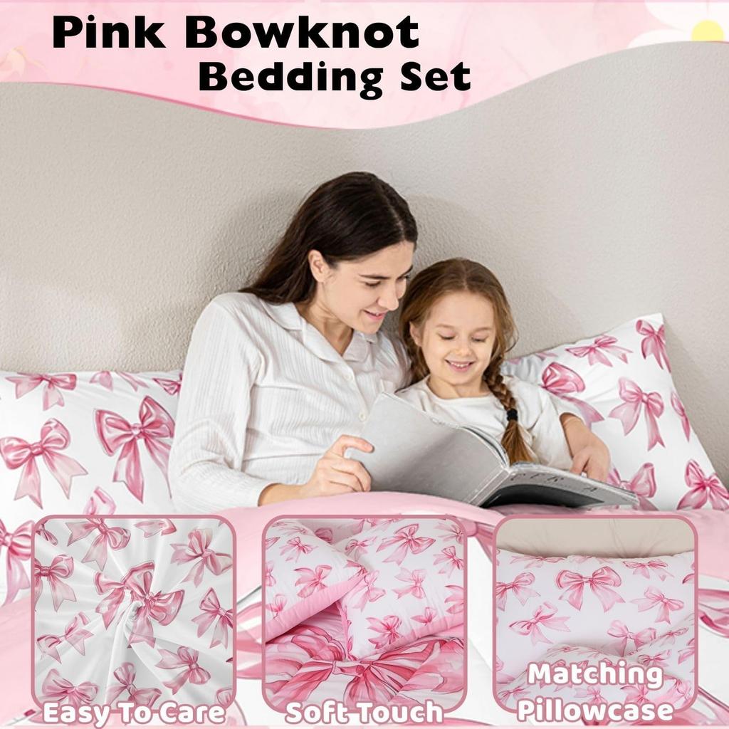 Pink Bow Duvet Cover Set Single Size With 1 Pillowcase Dreamy Princess Style Bedding Set For Kids Girls Teens