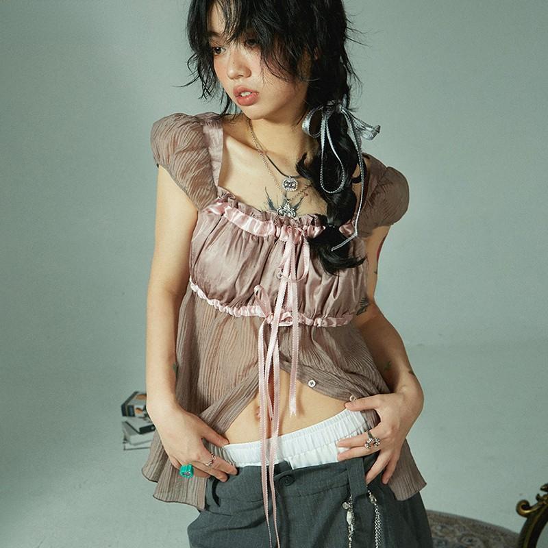 

Лоскутная рубашка в стиле гранж, винтажная блузка с квадратным воротником, бандажная рубашка с пышными рукавами Y2k, розовая Fairycore Harajuku M коричневый