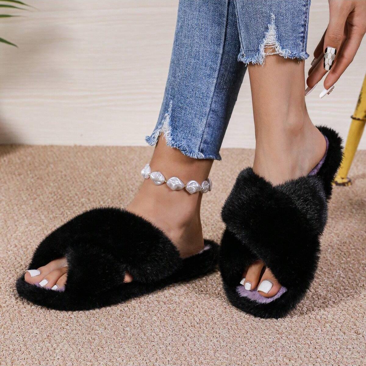 

Домашние тапочки для женщин Повседневные плоские Низкий каблук Милые базовые туфли для женщин Однотонные Меховые Слипоны Зимние шлепанцы Большой размер 41 чёрный