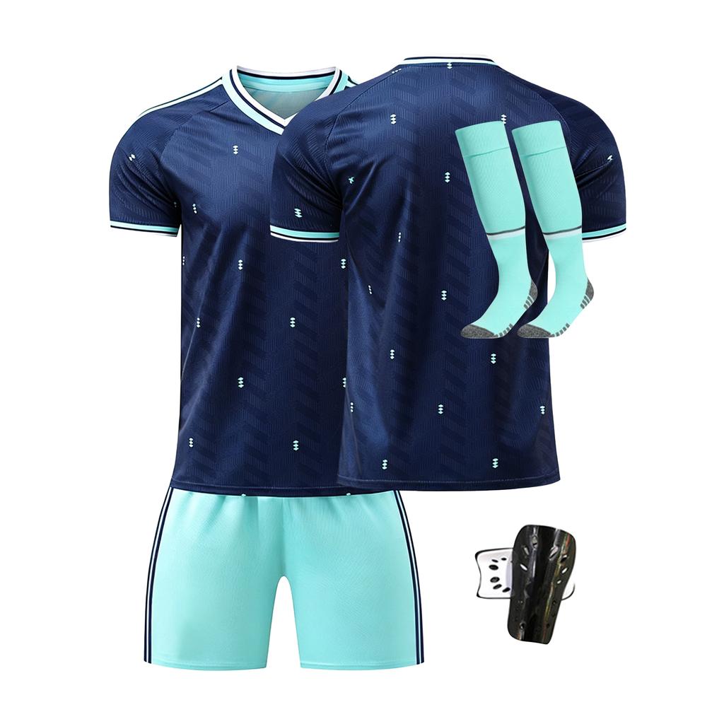 Men's Four Piece Sportswear Set Includes Short Sleeve Jersey Shorts Socks and Shin Guards Suitable for Outdoor and Indoor Activities
