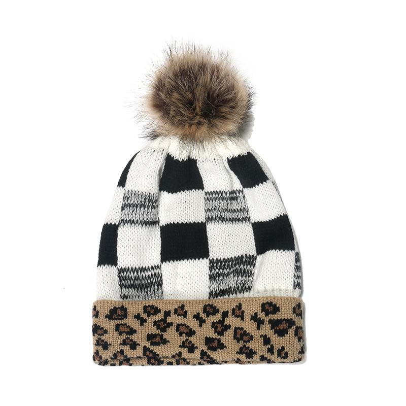 Cross-border Amazon autumn and winter foreign trade explosion hairball knitted hat leopard print plaid wool hat women's warm hat women