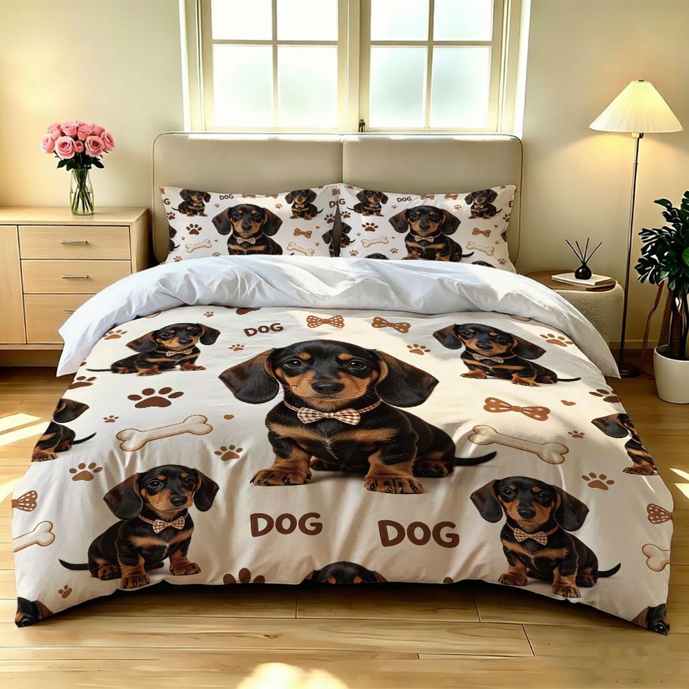 3pcs Cartoon Cute Sausage Dog Print Coreless Duvet Cover Set Multi Size Comfortable Bedroom Bedding Decoration Machine Washable