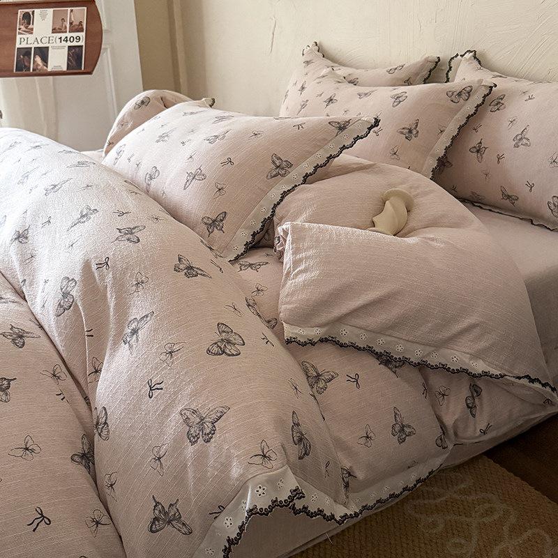 French Retro Jacquard Linen Bedding Set with Cotton Lace Trim - Luxury Princess Style