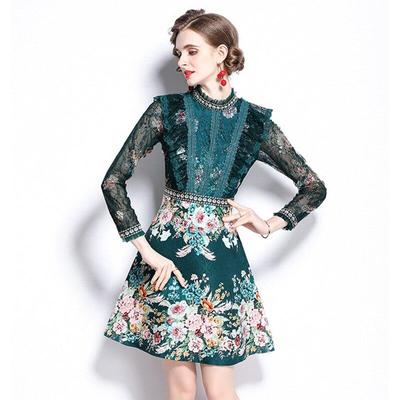 Frühling Herbst Runway Blume Jacquard Kleid frauen Stehen Lange Ärmel Grün Spitze Rüschen Blumen Druck Vintage Kleider