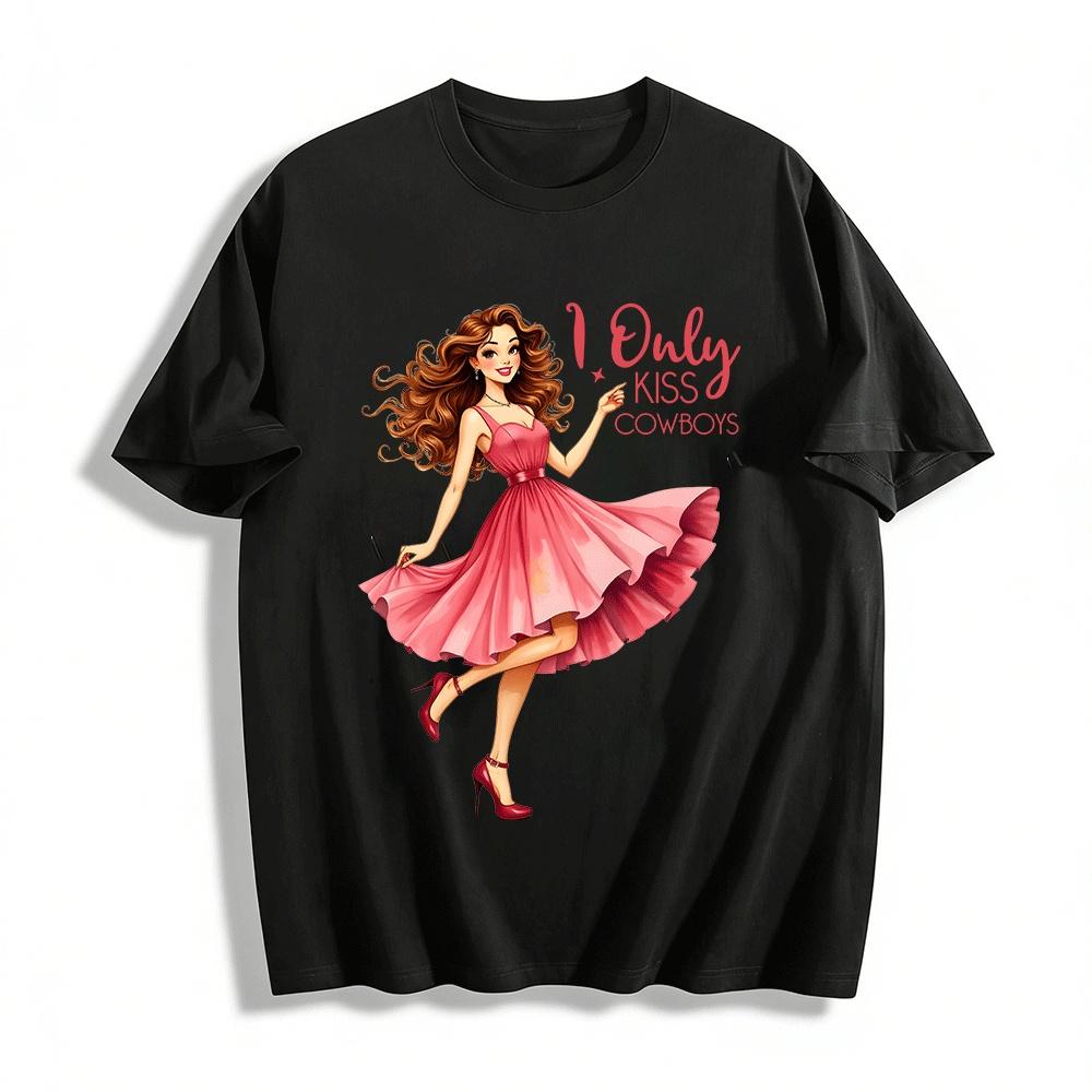 

I Only Kiss Cowboys Print Retro Style Cute Cowboy Fan Dress Pure cotton T-shirt XXS