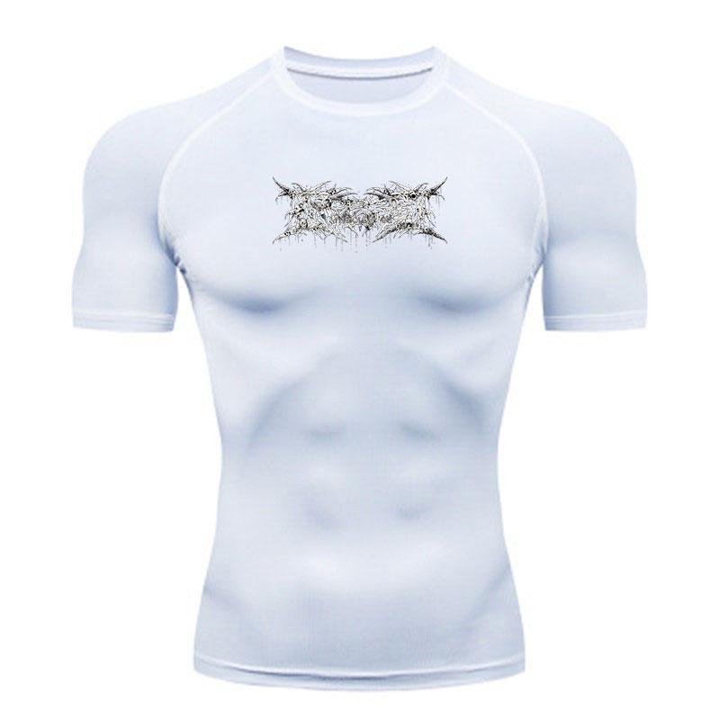 Men's Quick Dry Compression Workout T-Shirt, Gothic Metal Style Printed Athletic Short Sleeve Top for Gym Running Training Sports Wear
