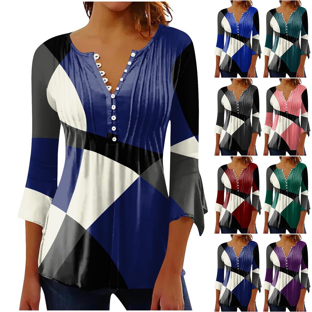 Cămăși cu nasturi pentru femei Tunica cu imprimeu Topuri de vară elegantă casual cu mâneci clopot 3/4 cu decolteu în V Bluze de primăvară