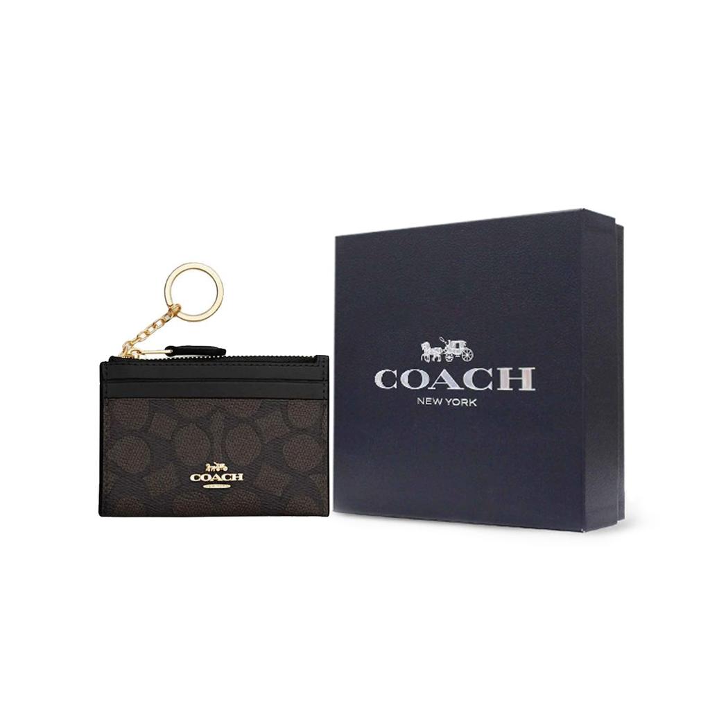 Coach Tenké pouzdro na ID 11 s logem značky Kovový zip Držák na karty pro ženy Ořechová černá CW870-IMXAQ