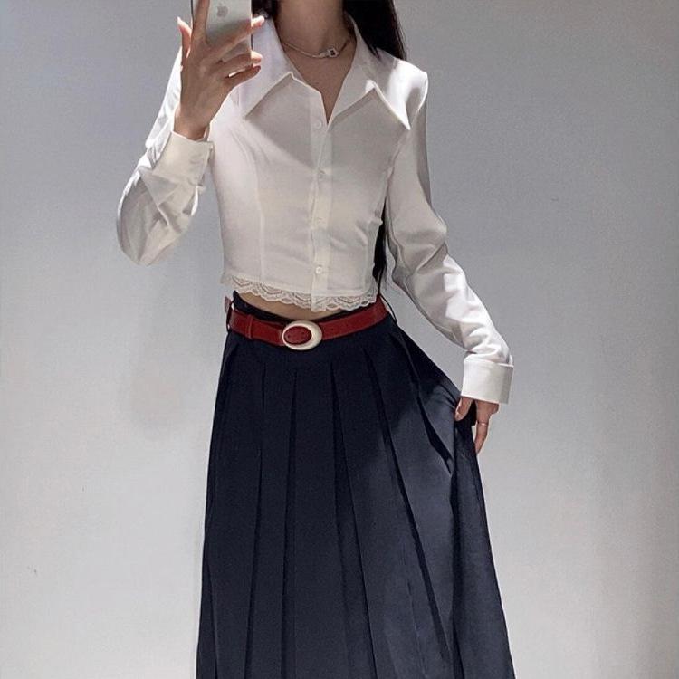 Summer new French pure desire style polo collar lace splicing long-sleeved shirt women's design sense slim and thin top