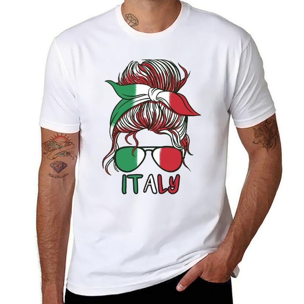 Unisex Wearing Sunglasses And A Headscarf With The Colors Of The Italian Flag Tshirt Stretch Fabric Comfort Tshirt