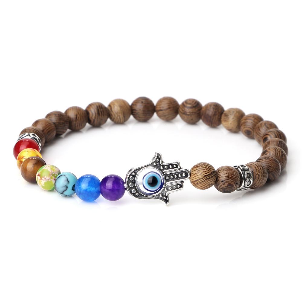 6mm 7 Chakra Beads Bracelets Lucky Evil Eye Hand Of Fatima Women Men Natural Lava Stone Agates Bracelet & Bangle Prayer Jewelry
