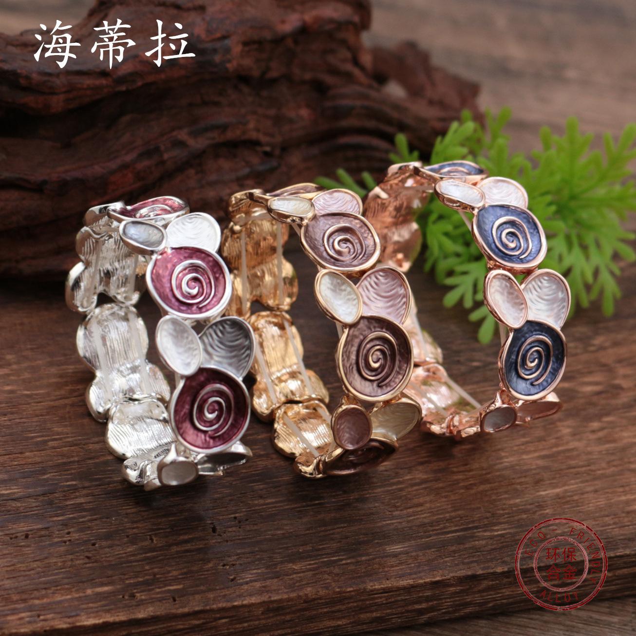 

New enamel round rose elastic bracelet, women s premium geometric flower elastic bracelet