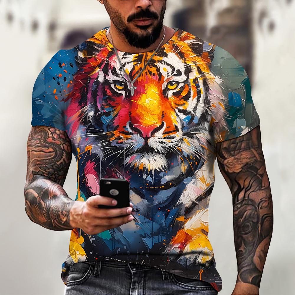 Men's T-shirt Summer Outdoor Breathable Round Neck Top Short Sleeve 3D Tiger Printed Pattern Large Loose Men's Tshirt
